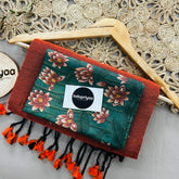 Orange Handloom Khadi Cotton Saree With Green Flower Print Blouse